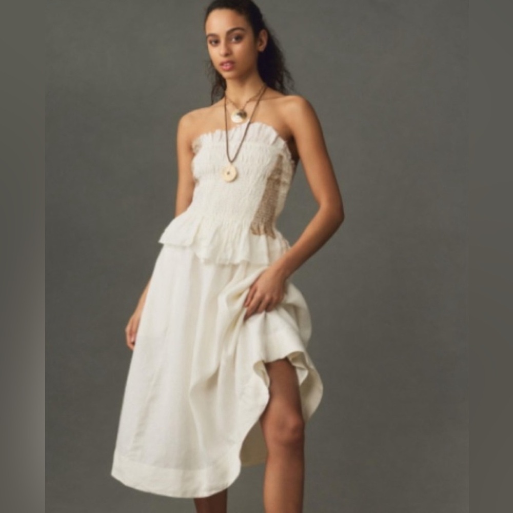 Anthropologie LINEN PATCHWORK SMOCKED MIDI DRESS